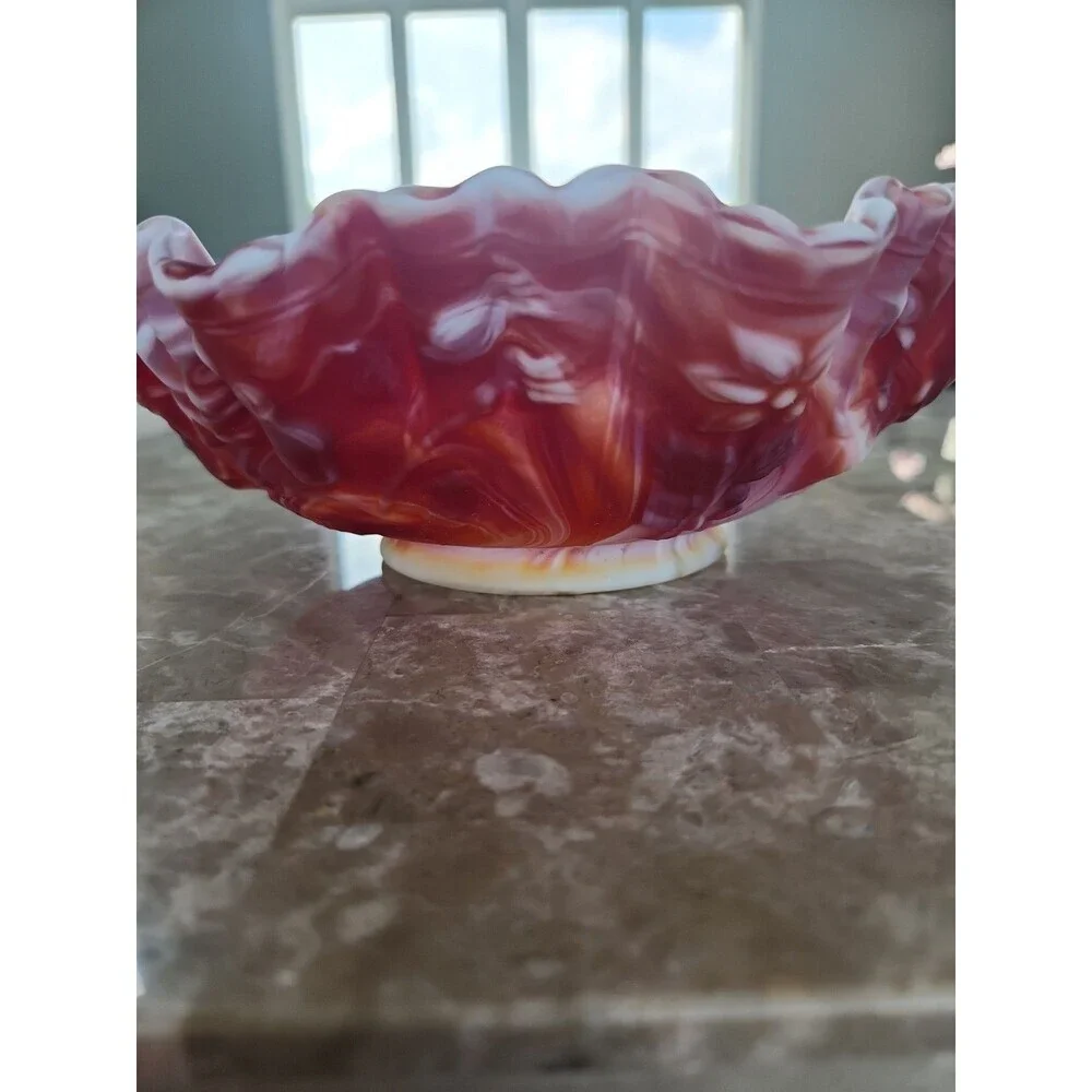 Vintage Imperial Red/orange/white Slag Glass Ruffled Dish With Embossed...